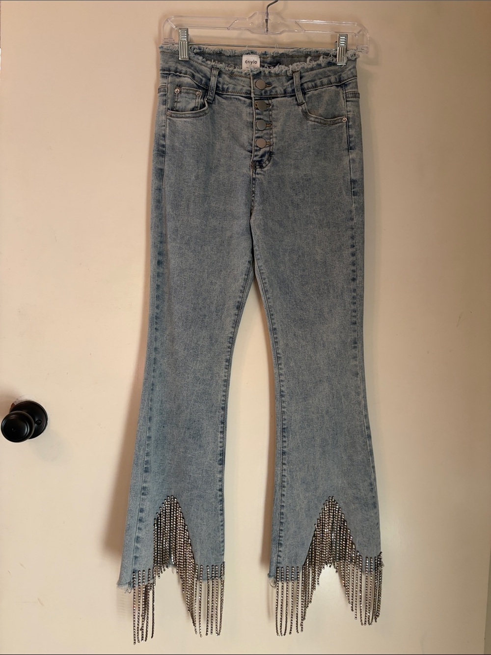 Light Blue Rhinestone Fringe Cropped Jeans